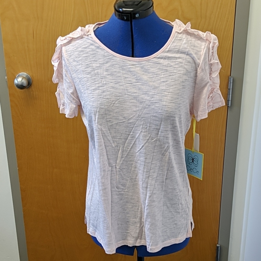 CeCe blush ruffle shoulder top